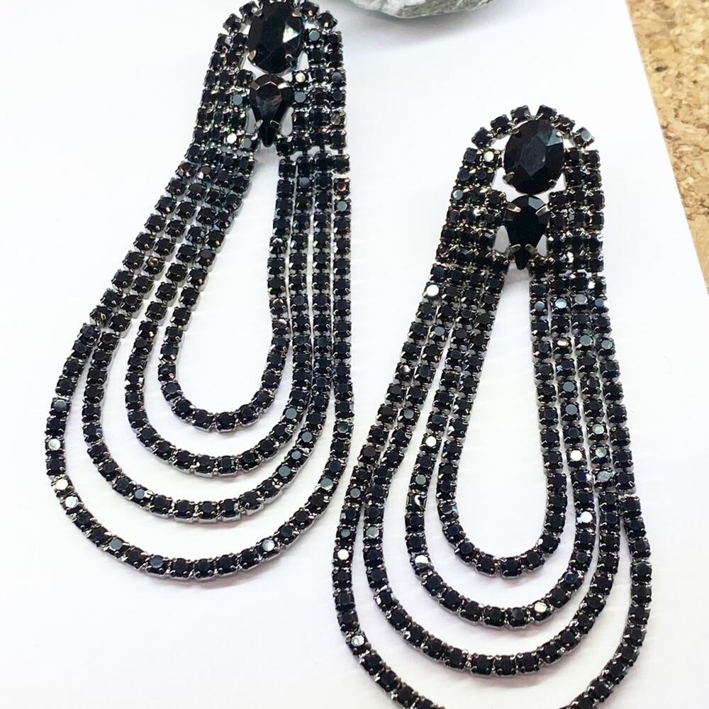 NEW Black Rhinestone Drop Earrings - Picture 14 of 15